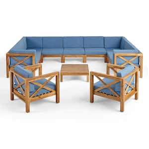 Brava Teak Brown 10-Piece Wood Patio Conversation Sectional Seating Set with Blue Cushions