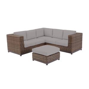 Fernlake 4-Piece Brown Wicker Outdoor Patio Sectional Sofa with CushionGuard Stone Gray Cushions
