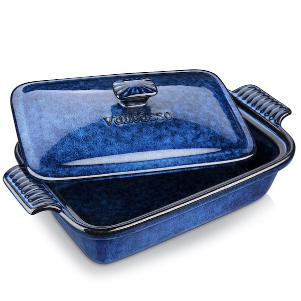 MALACASA 1-Piece Rectangle Stoneware Casserole Dish Set with Lid Baking Tray Lasagna Pan Pie Dish Blue Bakeware 1.9 qt.