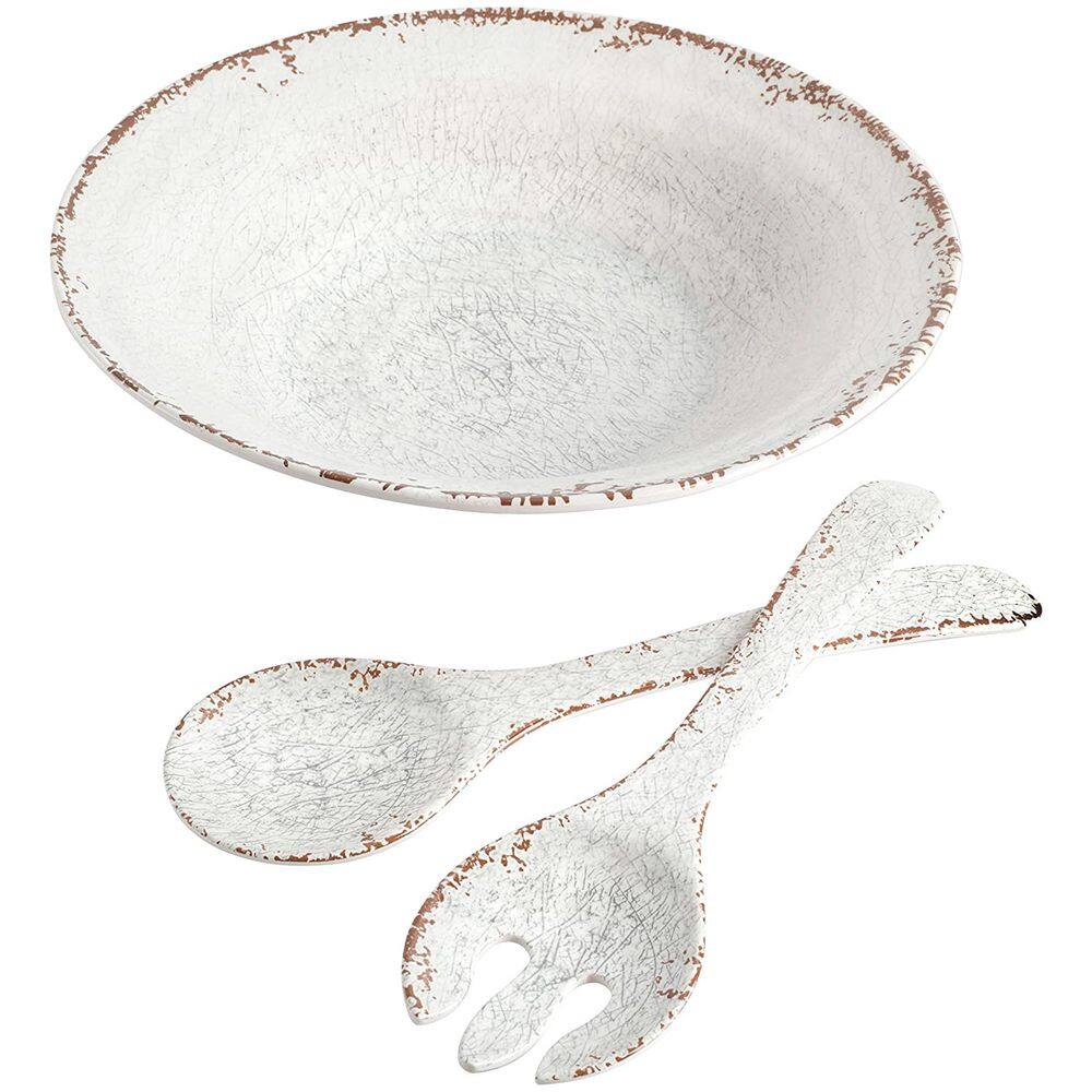 Ice White Melamine 3-Piece Salad Serving Set with Utensils