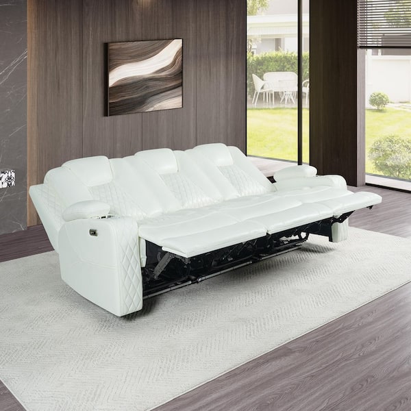 Home Theatre Collection 84.25 in. in Round Arm Faux Leather Modular Adjustable Headrests and Speakers Sofa in White