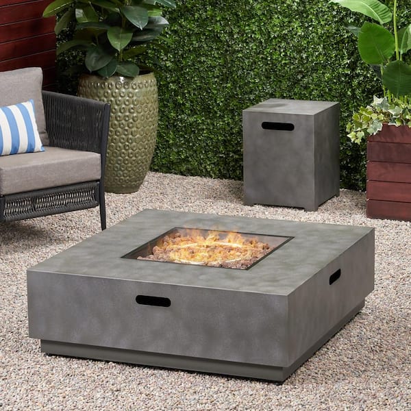 Noble House Wellington 15.25 in. x 19.75 in. Square Concrete Propane Outdoor Patio Fire Pit in Dark Grey with Tank Holder