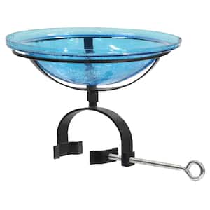 12.5 in. Dia Round Teal Blue Crackle Glass Birdbath with Black Wrought Iron Over Rail Bracket