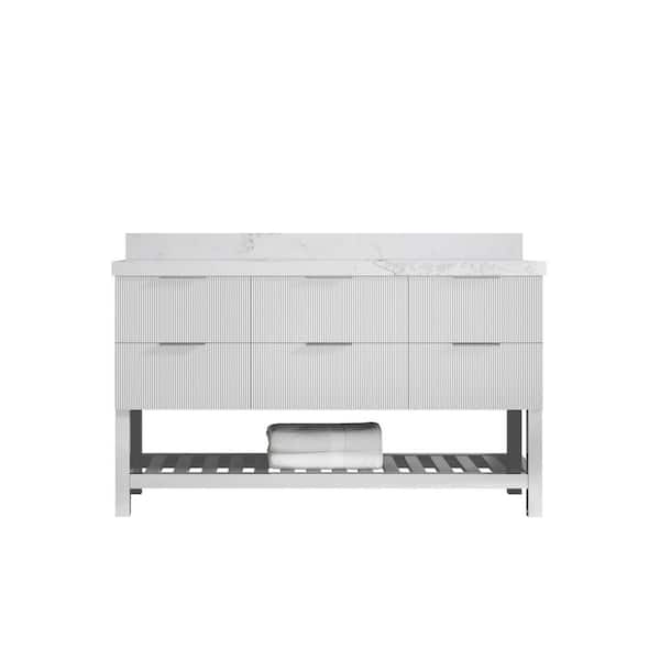 Willow Collections Catalina 60 in. Single Sink Freestanding Fine Grain Bath Vanity with Calacatta Nuvo Qt. Top Unassembled