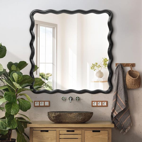 36 in. W x 36 in. H Square Black Wood Framed Wavy Wall Mirror