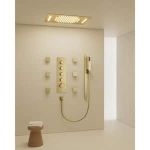 Thermostatic 15-Spray Ceiling Mount 23x15 in. Rectangle Shower Head with LED and Valve in Brushed Gold