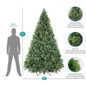 9 ft.. Prelit Artificial Christmas Tree with Pine Cones, Foot Pedal, 2294 Branch Tips, 1050 Warm Lights and Metal Stand