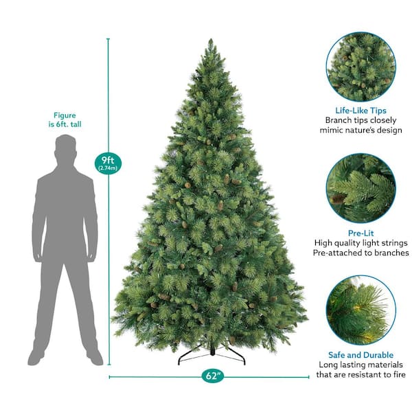 HOMESTOCK 9 ft.. Prelit Artificial Christmas Tree with Pine Cones, Foot ...