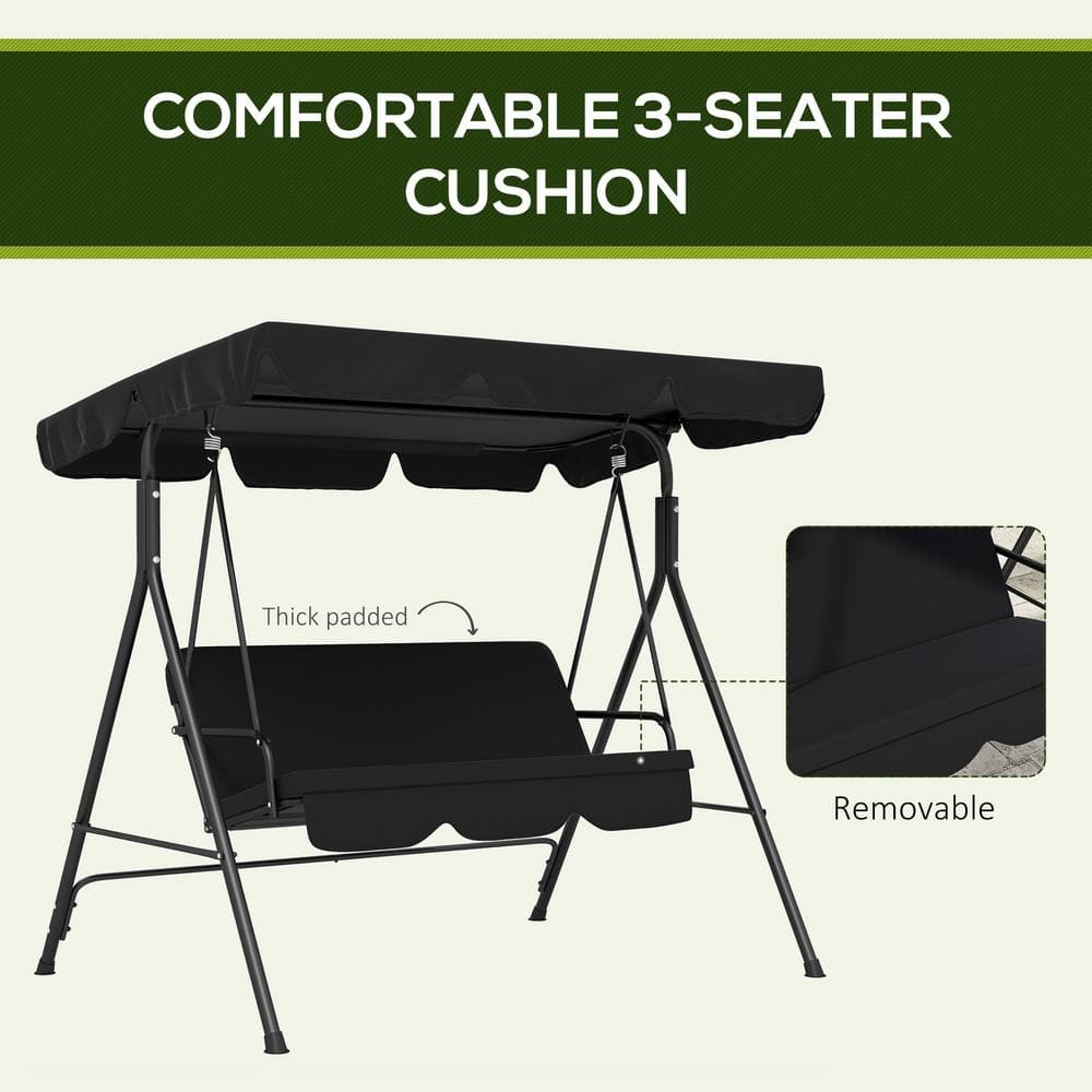 Black Steel Frame 3-Person Outdoor Patio Swing with Adjustable Canopy