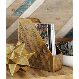 Gold Geometric Standing Magazine Holder with Laser Carved Design