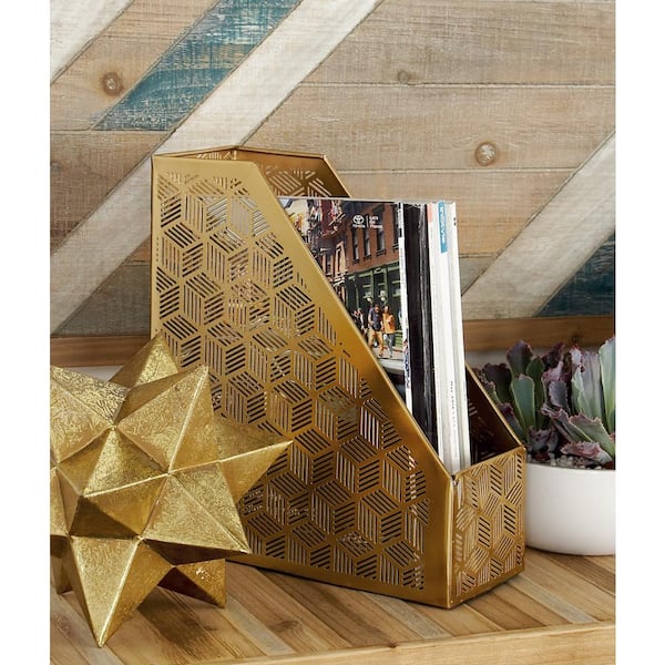Gold Geometric Standing Magazine Holder with Laser Carved Design