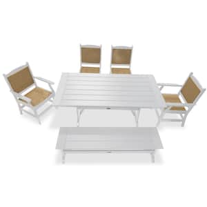Tuscany White 6-Piece HDPE Plastic Woven Retangle Outdoor Dining Set