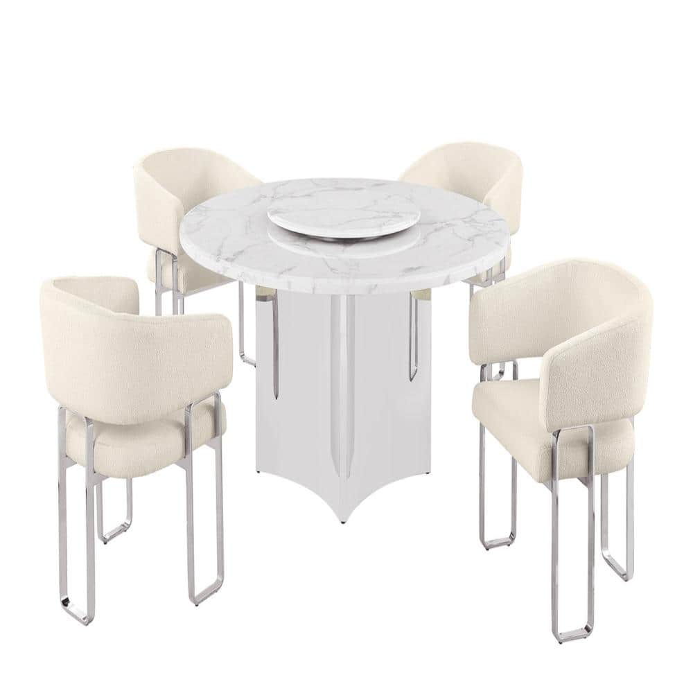 Fabi 5-Piece Round White Marble Top With Lazy Susan Stainless Steel Base Dining Set With 4 Cream Chairs price history on PriceWatchPro