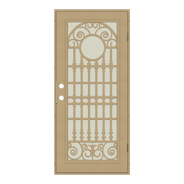 Unique Home Designs 30 in. x 80 in. Spaniard Desert Sand Left-Hand Surface Mount Aluminum Security Door with Beige Perforated Metal Screen