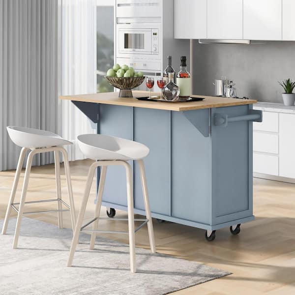 Blue Wood 50.3 in. Kitchen Island Set with Drop Leaf and 2-Seatings, D