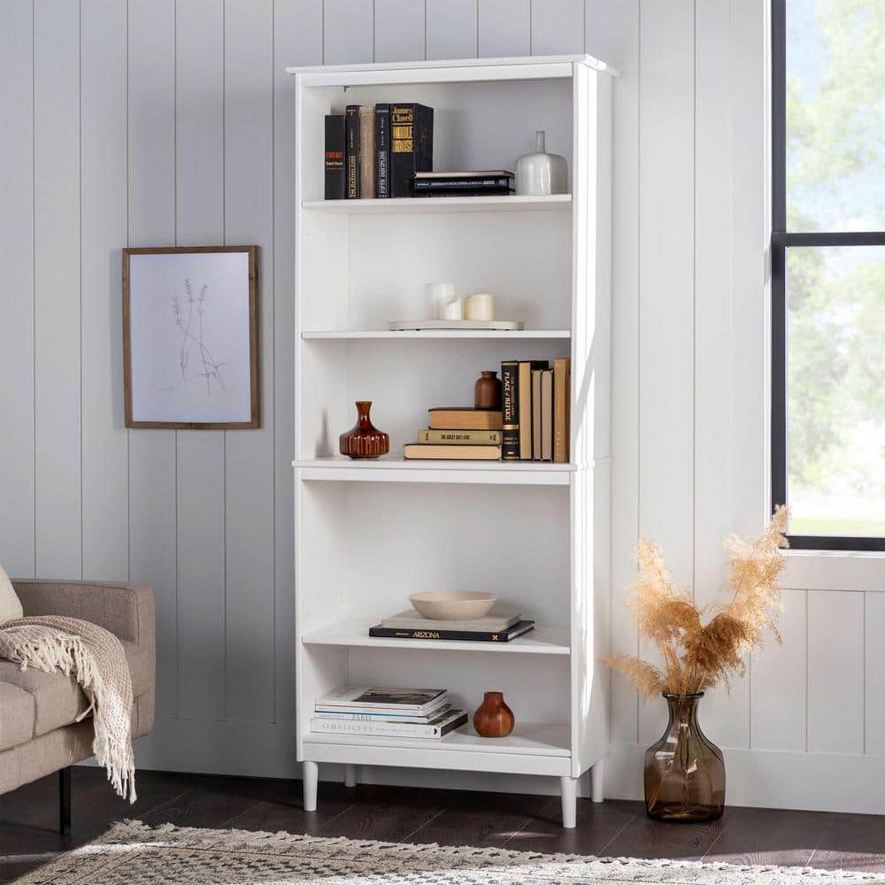 Welwick Designs 70 In. White Solid Wood 4 -Shelf Standard Bookcase With ...