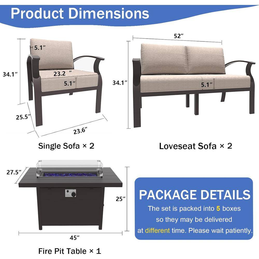 6-Piece Sand Aluminum Patio Set with Fire Pit Table