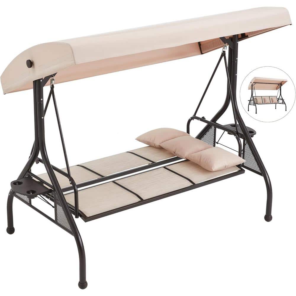 3-Seat Outdoor Metal Porch Swing with Adjustable Canopy, Patio Canopy Swing