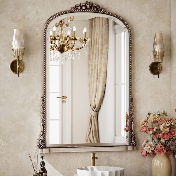 XRAMFY Antique Silver 28 in. W x 40 in. H Arched Modern Polyurethane Framed with Decoration Antique Vanity Mirror Wall Mirror