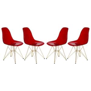 Cresco Modern Plastic Molded Dining Side Chair with Eiffel Gold Legs Transparent Red (Set of 4)