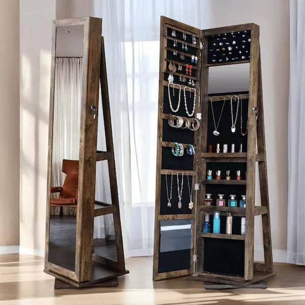 YESSKY DOWELL ENTER LLC Antique Gray 16 in. W x 65 in. Full Length Mirror with 360° Swivel Jewelry Cabinet, Lockable Mirror with Jewelry Storage
