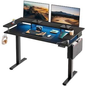 58 in. Rectangular Black Carbon Fiber Wood Sit to Stand Desk with Monitor Stand and Cup Holder