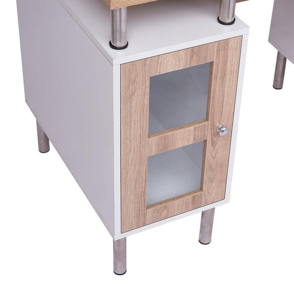 Desk shown from an angle with white and wood construction and metal legs.