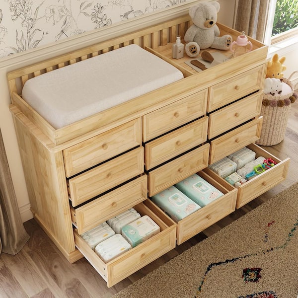 Honey Pine 100% Solid Wood Wood Changing Table Dresser with 12-Drawers, Removable Rail and Anti-Tip Kit, Nursery Storage