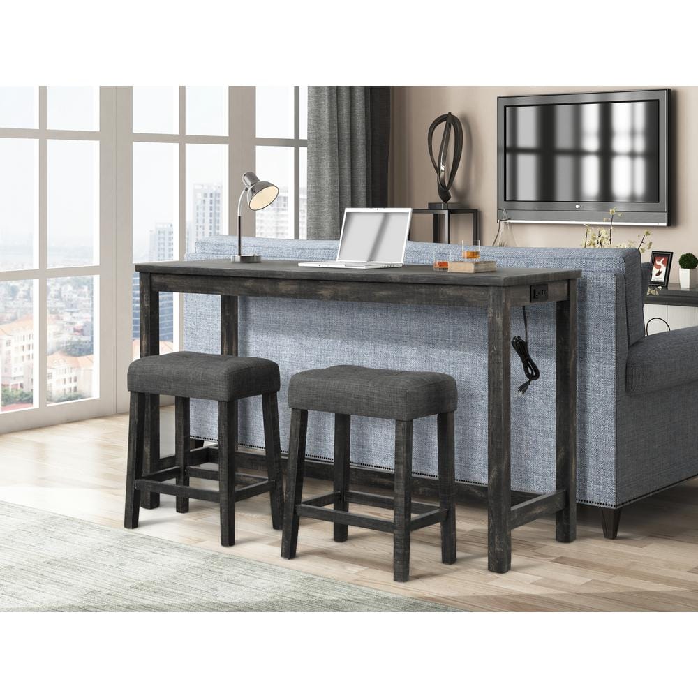 Charcoal Oak Rectangular Counter Height Bar Table with USB Ports