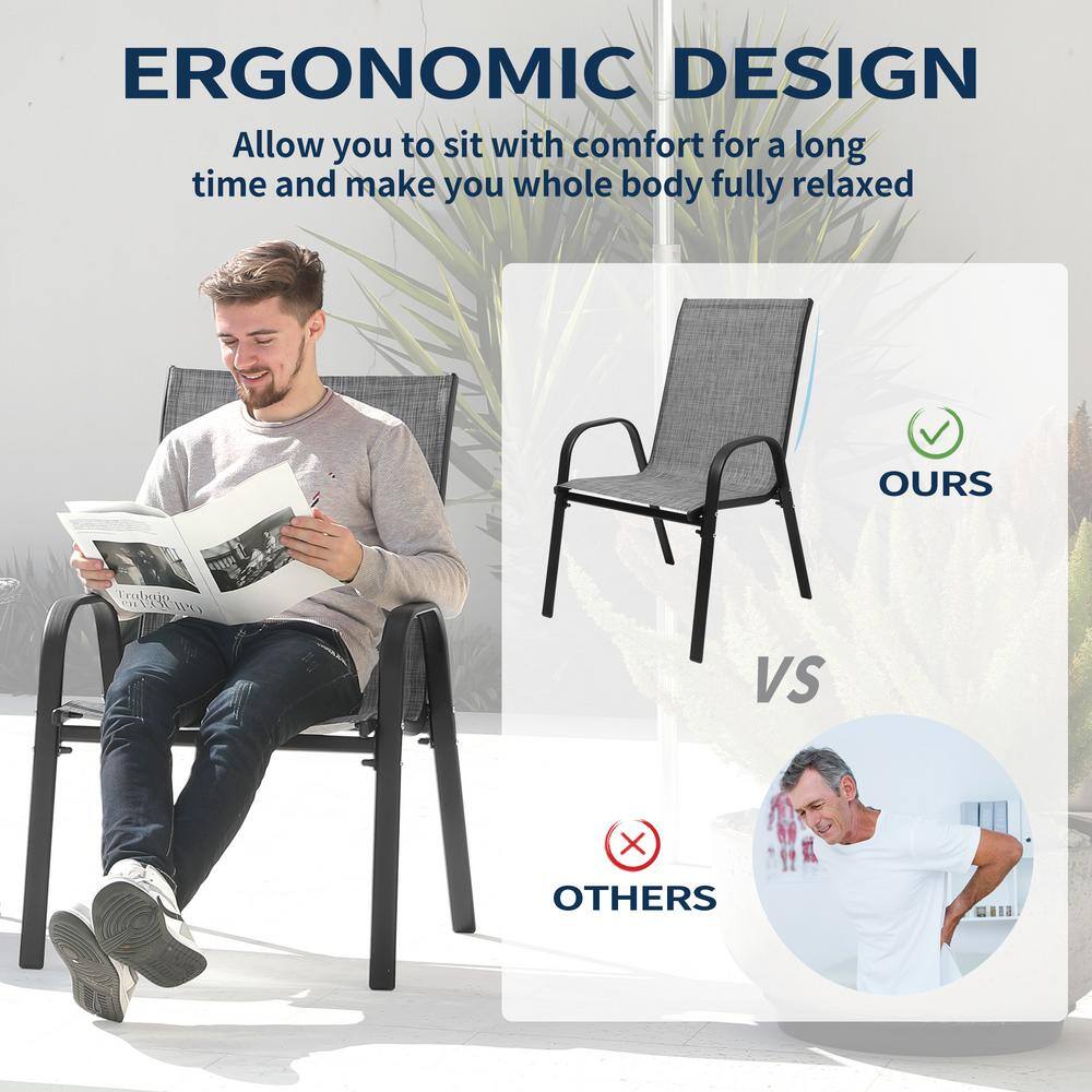 Gray Stackable Steel Frame Outdoor Dining Armchairs, Set of 4