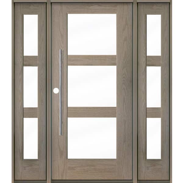 Krosswood Doors Faux Pivot 64 in. x 80 in. 3-Lite Right-Hand/Inswing Clear Glass Oiled Leather Stain Fiberglass Prehung Front Door w/DSL