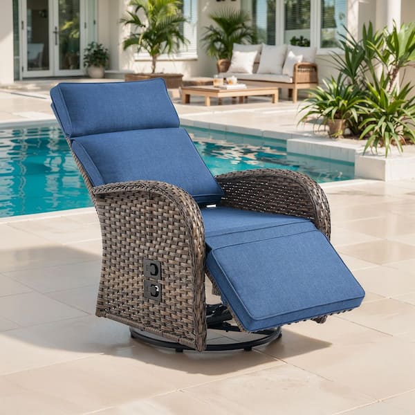 PlainCurve 1-Piece Brown Wicker Outdoor Adjustable Swivel Recliner Chair with Navy Blue Cushions