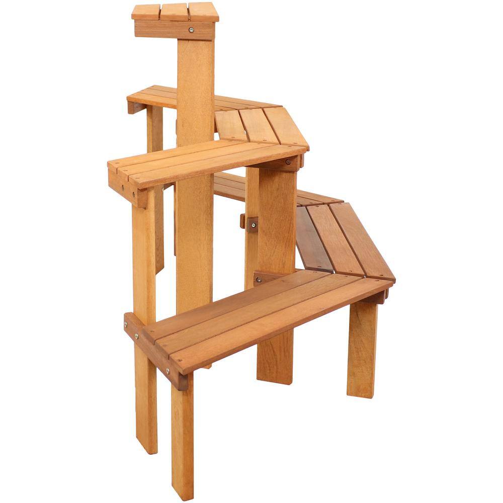 Sunnydaze 3-Tier Meranti Wood Outdoor Plant Stand with Teak Oil Finish