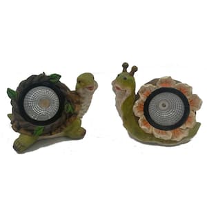 Solar 5 in. Turtle and Snail Spot Lights in Wood and Flower (2-Pack)