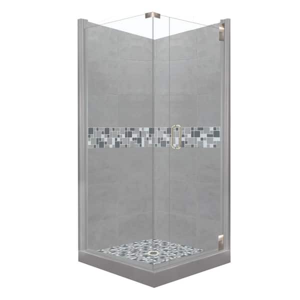 American Bath Factory Newport Grand Hinged 38 in. x 38 in. x 80 in. Right-Hand Corner Shower Kit in Wet Cement and Satin Nickel Hardware