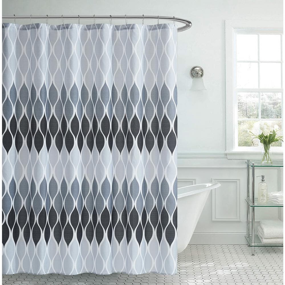 Clarisse Black and White Faux Linen Shower Curtain Set, 70" x 72"