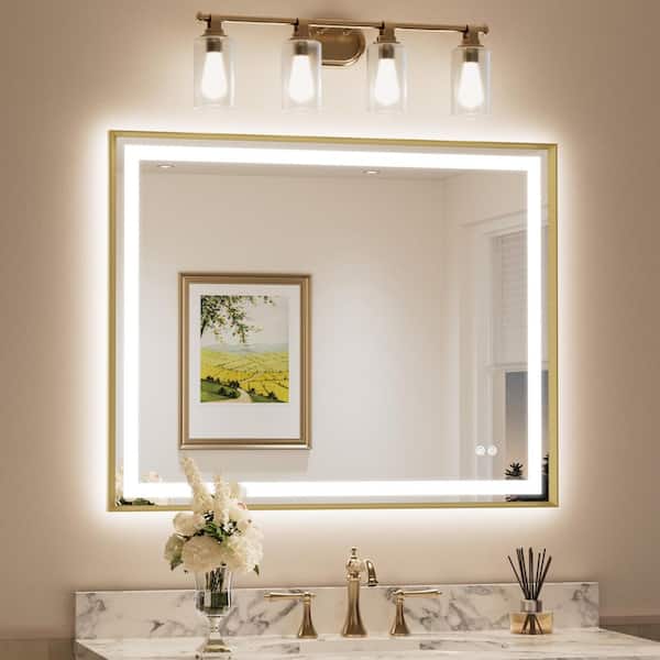 40 in. W x 32 in. H Rectangular Framed LED Lighted Bathroom Vanity Mirror with Light in Gold with Backlit and Anti-Fog