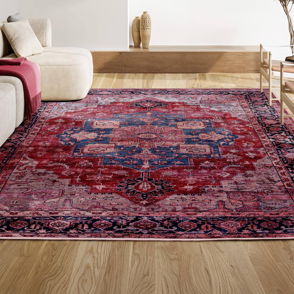 Maris Ornate Medallion Machine-Washable Red/Black/Blue Chenille 4' x 6' Area Rug