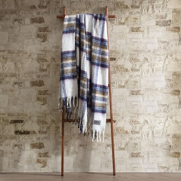 Edgewood Plaid 1-Piece Ivory / Khaki Faux Mohair 50 x 60 Throw Blanket