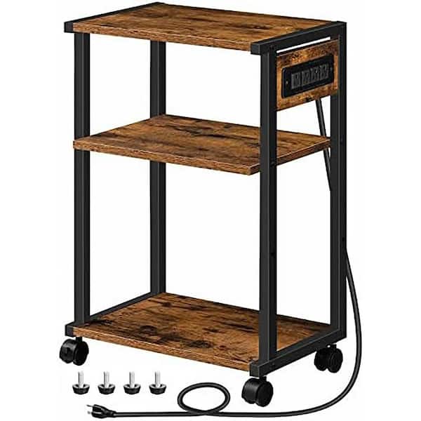 3-Tier Rolling Printer Stand with Charging Station and Adjustable Shelf, Rustic Brown and Black, Includes Side Hook