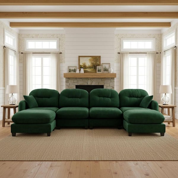 PMOB 140 in. Round Arm 6-piece Chenille U-Shaped Tufted Backrest with Ottomans Sectional Sofa in Emerald Green