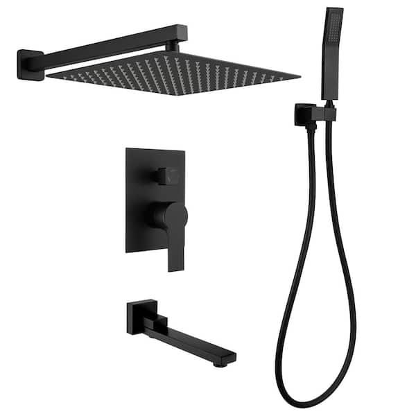 Satico Single-Handle 3-Spray Hand Shower Retractable Tub Faucet with 12 in. Rain Shower Heads in Black (Valve Included)