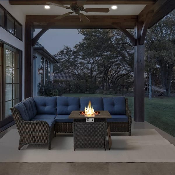 Brown 2-Piece Wicker Patio Fire Pit Set, Outdoor 6-Seater Sectional Seating Set with Olefin Navy Blue Cushions