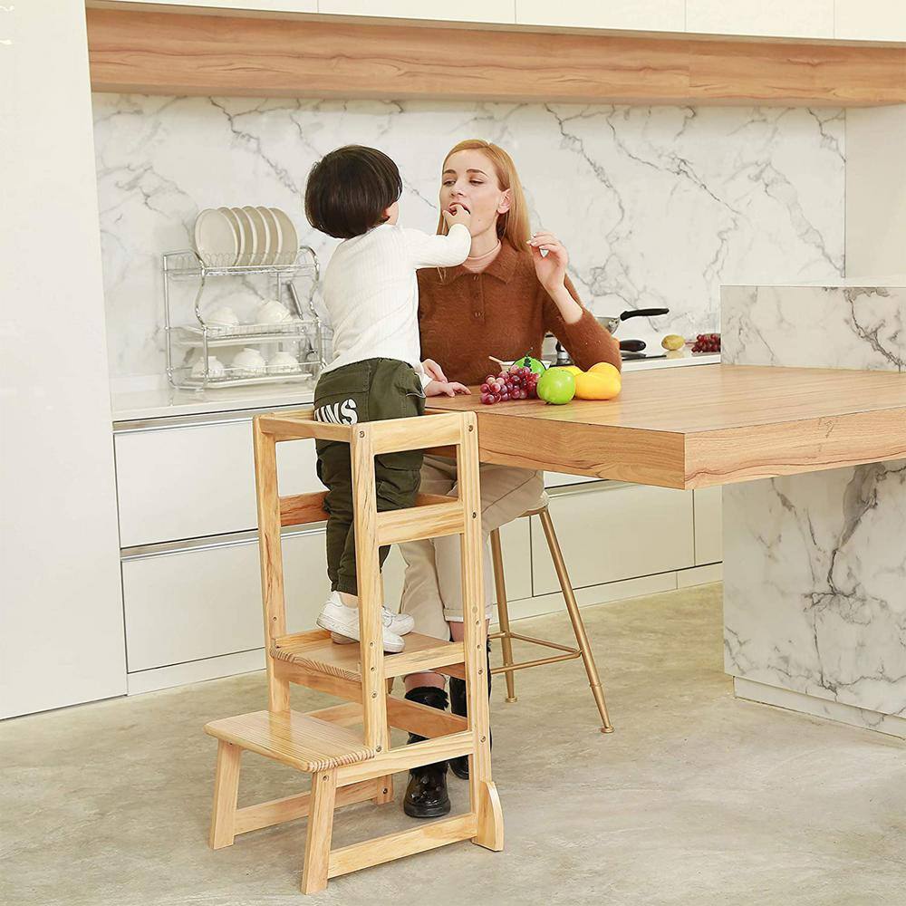 Natural Wooden Adjustable Height 2-Step Learning Stool