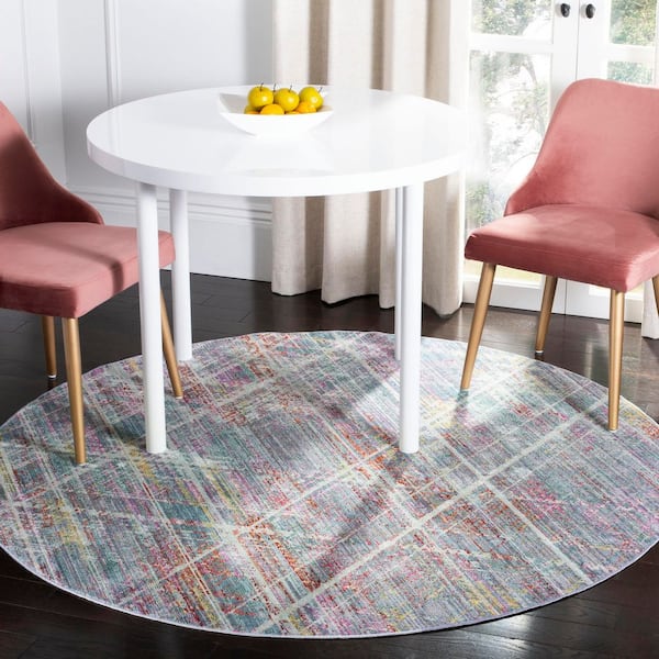Windsor 6 ft. x 6 ft. Ivory/Aqua Distressed Geometric Round Area Rug