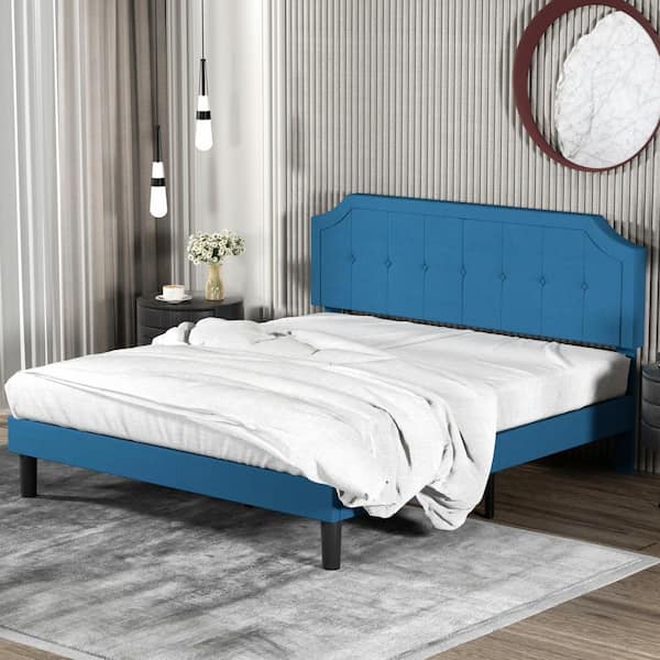 VECELO Upholstered Bed Frame Blue Metal Frame Queen Size with