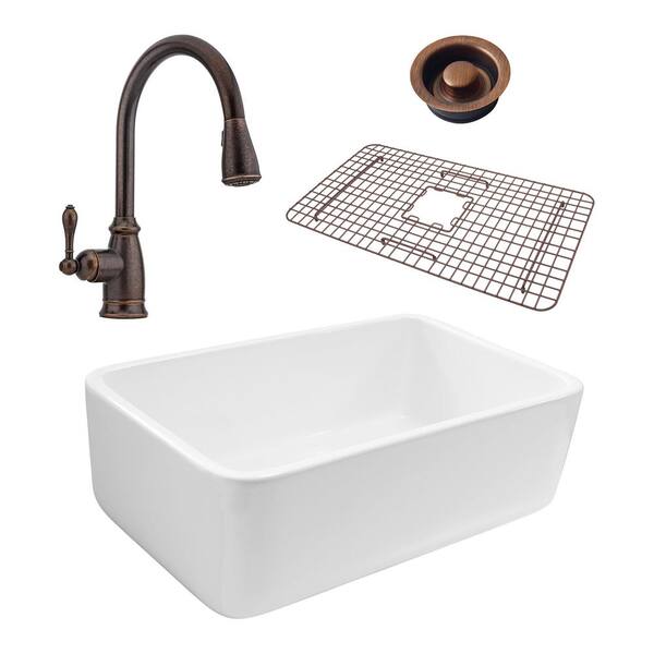 SINKOLOGY Bradstreet Reversible All-In-One Farmhouse Fireclay 30.5 in. Single Bowl Kitchen Sink with Pfister Faucet and Drain