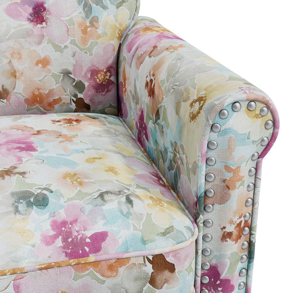 Pastel Pink Floral Rolled Arm Accent Chair with Nailhead Trim