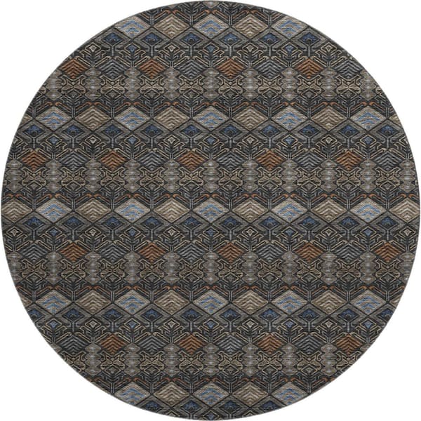 Mayfield Premium Machine Washable Abstract AMF2487 Black 8 ft. x 8 ft. Round Rug