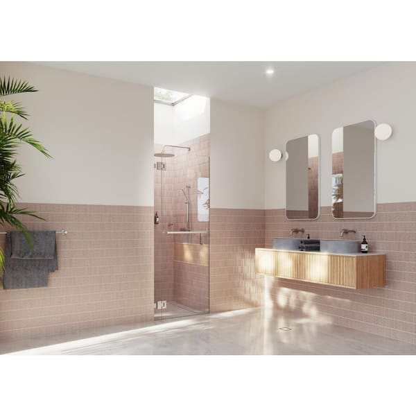 Mimas 34 in. W x 78 in. H Glass Hinged Frameless Towel Bar Shower Door in Brushed Nickel Finish with Clear Glass